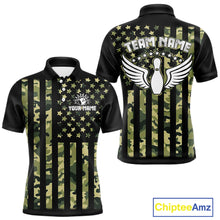 Load image into Gallery viewer, Black and Green Camo American Flag Bowling Shirts For Men Custom patriotic Bowling Team Jerseys NQS11177