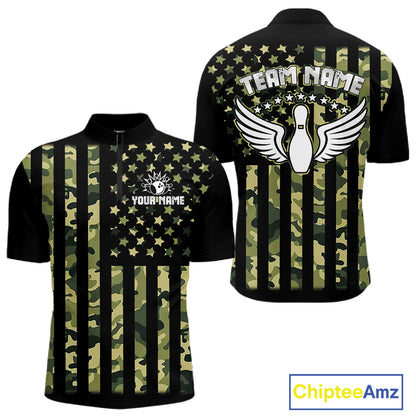 Black and Green Camo American Flag Bowling Shirts For Men Custom patriotic Bowling Team Jerseys NQS11177