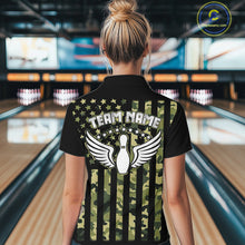 Load image into Gallery viewer, Black and Green Camo American Flag Bowling Shirts For Women Custom patriotic Bowling Team Jerseys NQS11177