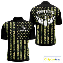 Load image into Gallery viewer, Black and Green Camo American Flag Bowling Shirts For Men Custom patriotic Bowling Team Jerseys NQS11177