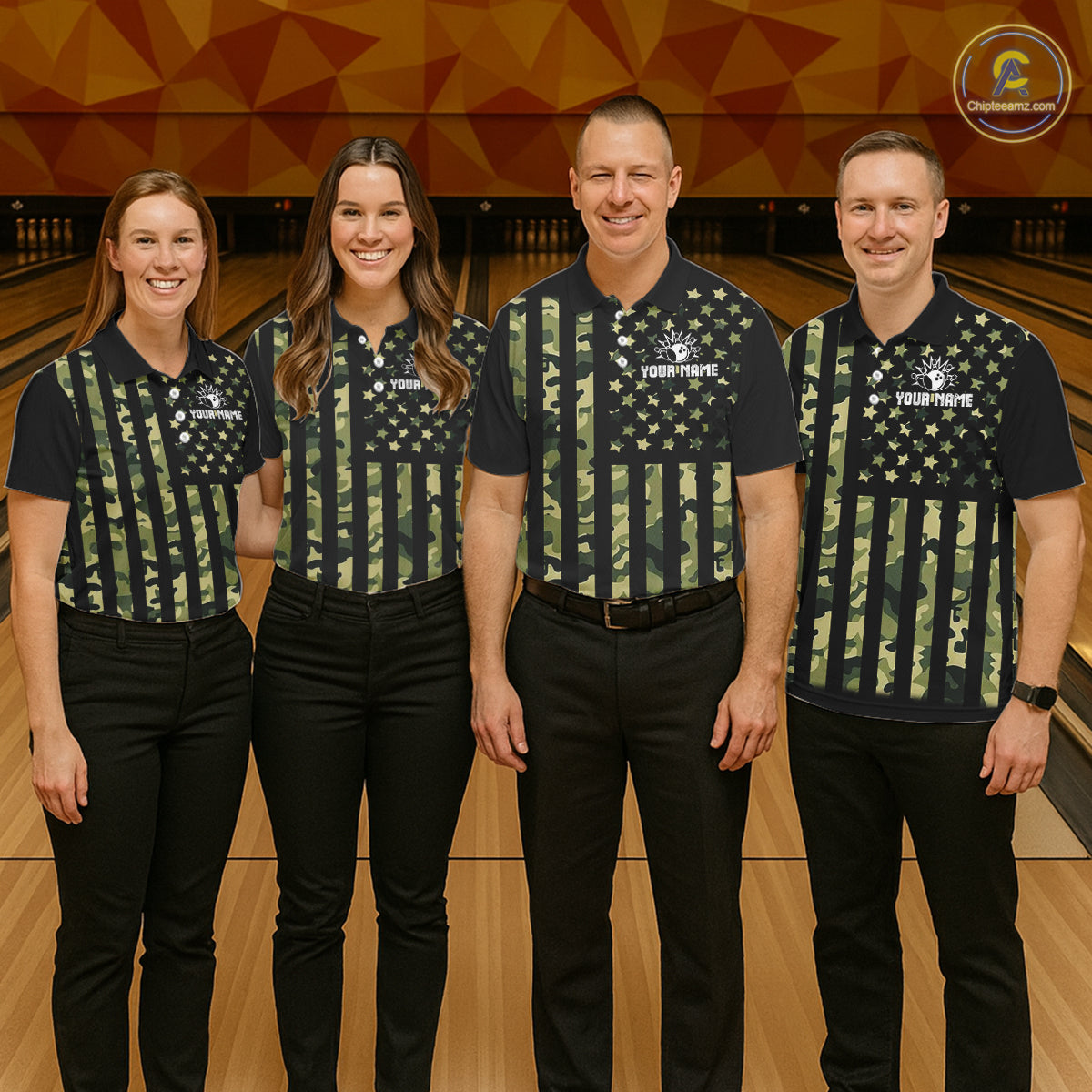 Black and Green Camo American Flag Bowling Shirts For Women Custom patriotic Bowling Team Jerseys NQS11177