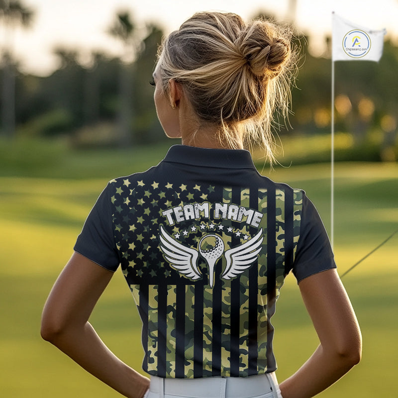 Black and Green Camo American Flag Golf Polo Shirts For Women Custom patriotic ladies's golf clothing NQS11178