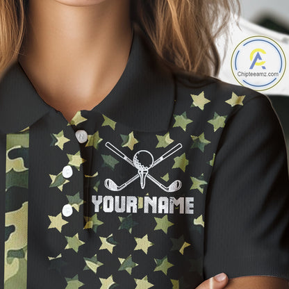 Black and Green Camo American Flag Golf Polo Shirts For Women Custom patriotic ladies's golf clothing NQS11178