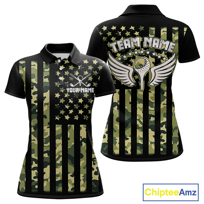 Black and Green Camo American Flag Golf Polo Shirts For Women Custom patriotic ladies's golf clothing NQS11178