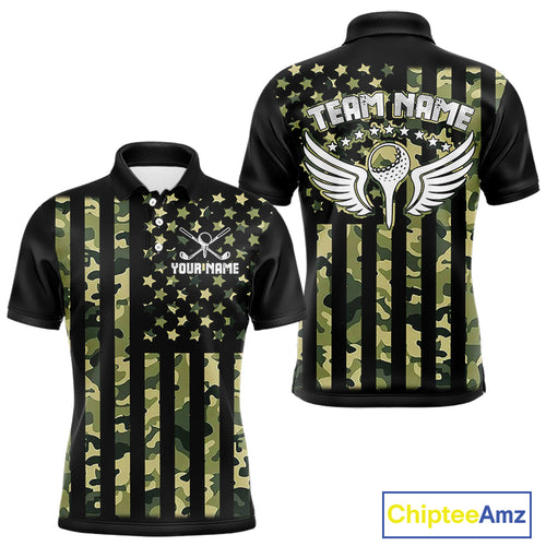 Black and Green Camo American Flag Golf Polo Shirts For Men Custom patriotic men's golf clothing NQS11178