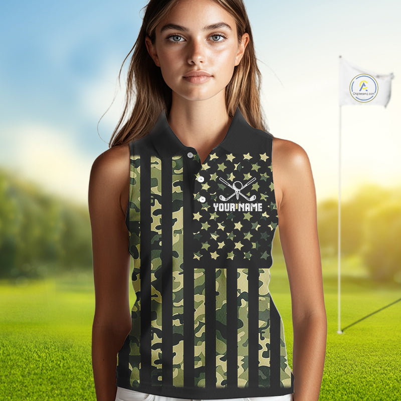Black and Green Camo American Flag Sleeveless Polo Shirts Custom patriotic ladies's golf clothing NQS11178