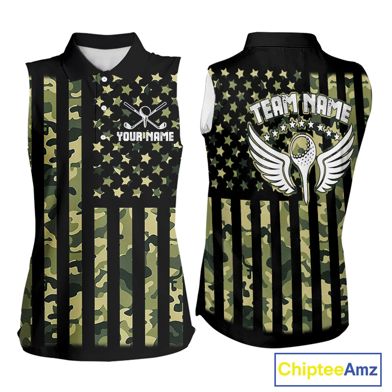 Black and Green Camo American Flag Sleeveless Polo Shirts Custom patriotic ladies's golf clothing NQS11178