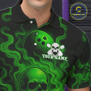 Custom Green Smoke Skull Bowling Polo, Quarter Zip Shirts For Men, Skull Team Bowling Jersey NQS10798