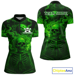 Custom Green Smoke Skull Bowling Polo, Quarter Zip Shirts For Women, Skull Team Bowling Jersey NQS10798