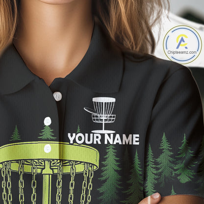 Black and Green Forest Disc Golf basket Women Disc golf polo shirts Custom team disc golf attire NQS10801