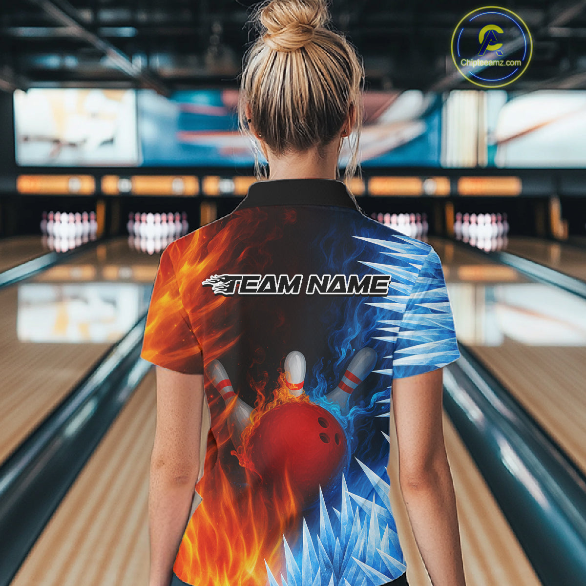 Fire and Ice Pattern Bowling Polo, Quarter Zip Shirts For Women Custom Flame Team Bowling Jerseys NQS11184