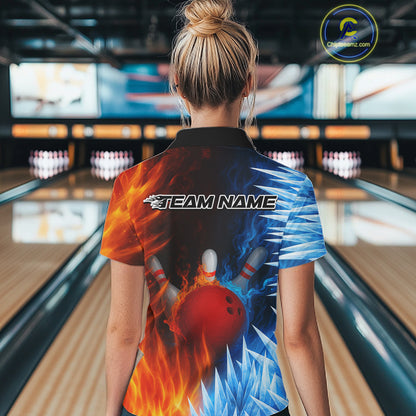 Fire and Ice Pattern Bowling Polo, Quarter Zip Shirts For Women Custom Flame Team Bowling Jerseys NQS11184