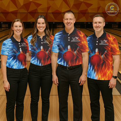 Fire and Ice Pattern Bowling Polo, Quarter Zip Shirts For Men Custom Flame Team Bowling Jerseys NQS11184