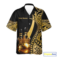 Load image into Gallery viewer, Black and Gold crown Bowling ball pins Hawaiian Shirts Custom Bowling Team jerseys NQS11592