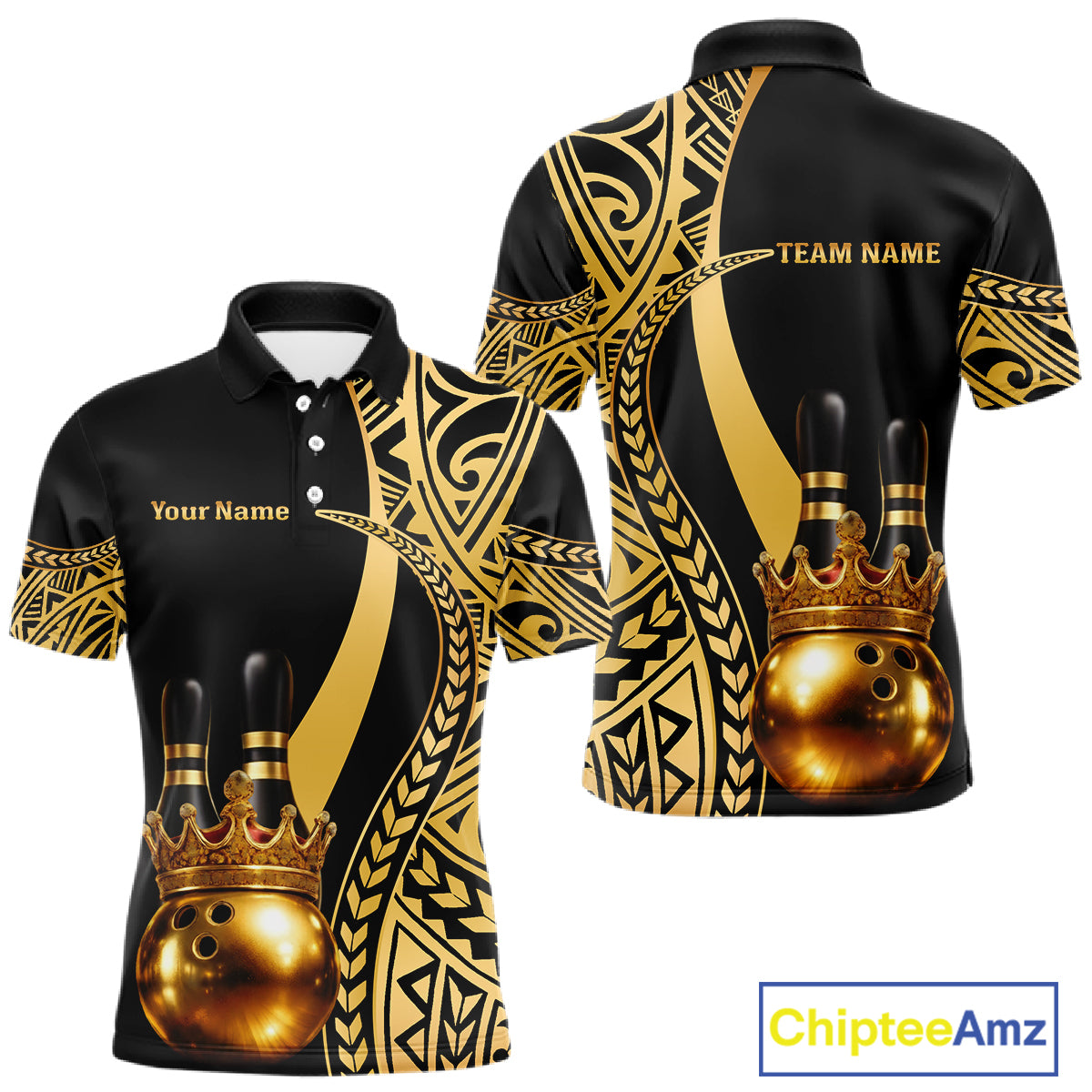 Black and Gold crown Bowling ball pins Polo, Quarter Zip Shirts for Men Custom Bowling Team jerseys NQS11592