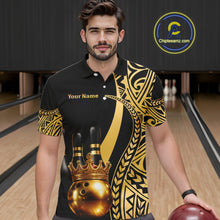 Load image into Gallery viewer, Black and Gold crown Bowling ball pins Polo, Quarter Zip Shirts for Men Custom Bowling Team jerseys NQS11592