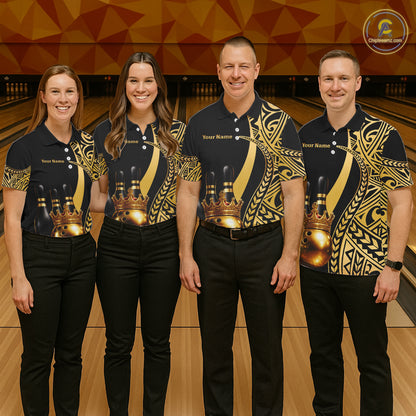 Black and Gold crown Bowling ball pins Polo, Quarter Zip Shirts for Women Custom Bowling Team jerseys NQS11592