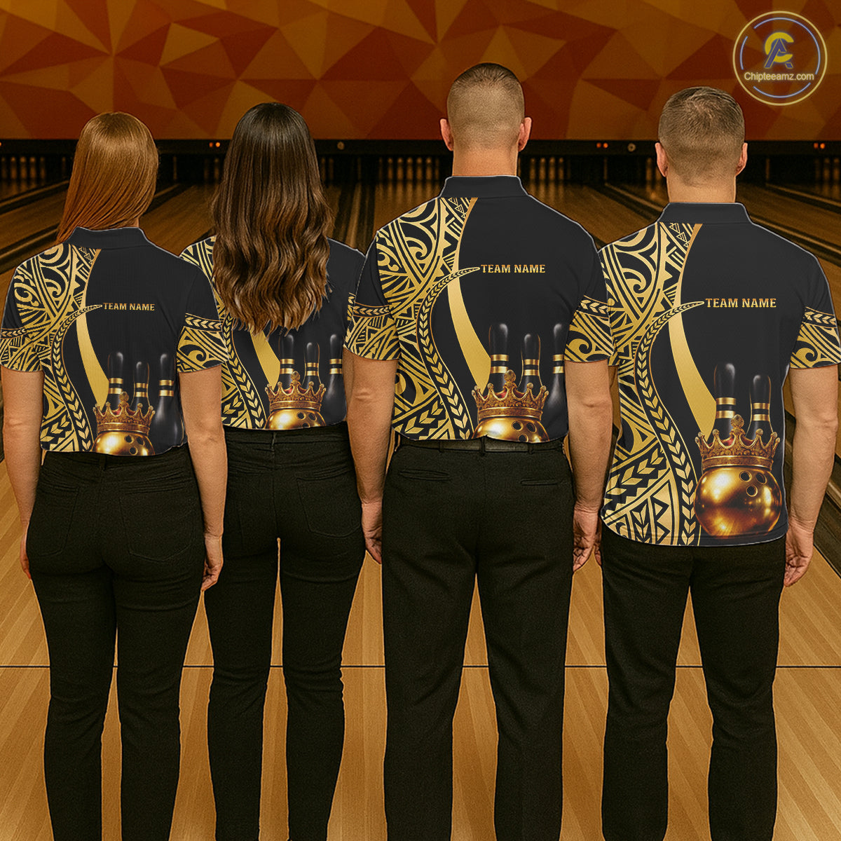 Black and Gold crown Bowling ball pins Polo, Quarter Zip Shirts for Women Custom Bowling Team jerseys NQS11592