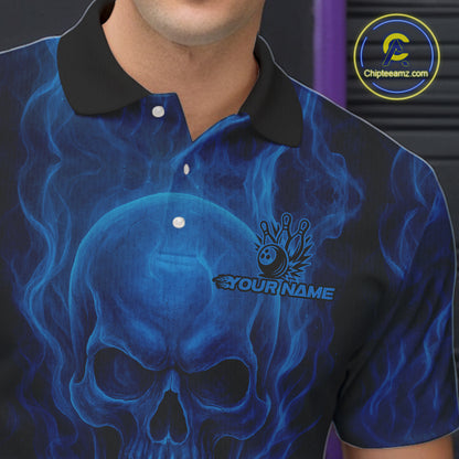 Blue Smoke Flame Skull Bowling shirts for Men custom Bowling Team Jersey, Gift For Bowler NQS10810