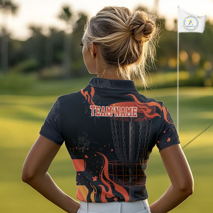 Black and Orange Flame Disc Golf basket Women Disc golf polo shirts Custom team disc golf outfit NQS10811