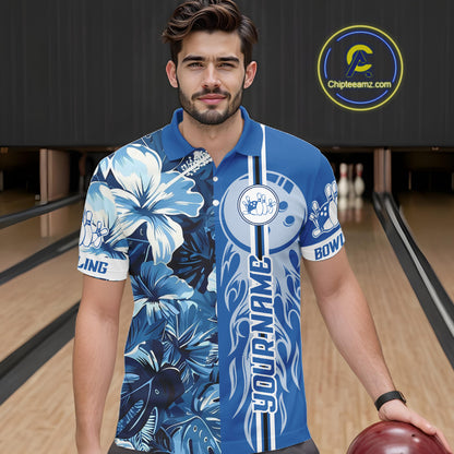Blue tropical flower Flame Bowling Polo, Quarter Zip Shirts For Men Custom Bowler Gift Bowling Team NQS10990