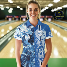 Load image into Gallery viewer, Blue tropical flower Flame Bowling Polo, Quarter Zip Shirts For Women Custom Bowler Gift Bowling Team NQS10990
