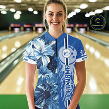 Load image into Gallery viewer, Blue tropical flower Flame Bowling Polo, Quarter Zip Shirts For Women Custom Bowler Gift Bowling Team NQS10990