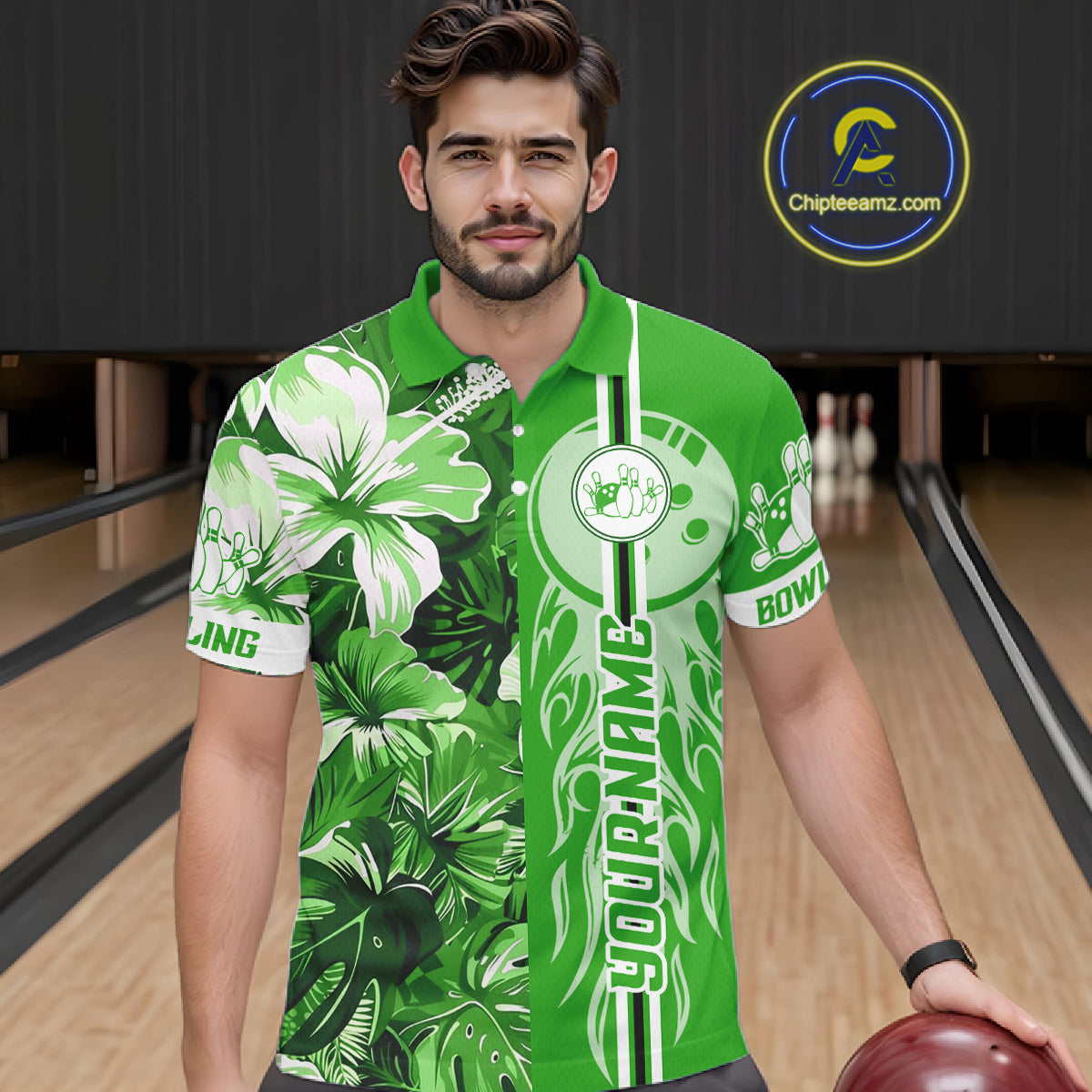 Green tropical flower Flame Bowling Polo, Quarter Zip Shirts For Men Custom Bowler Gift Bowling Team NQS10991