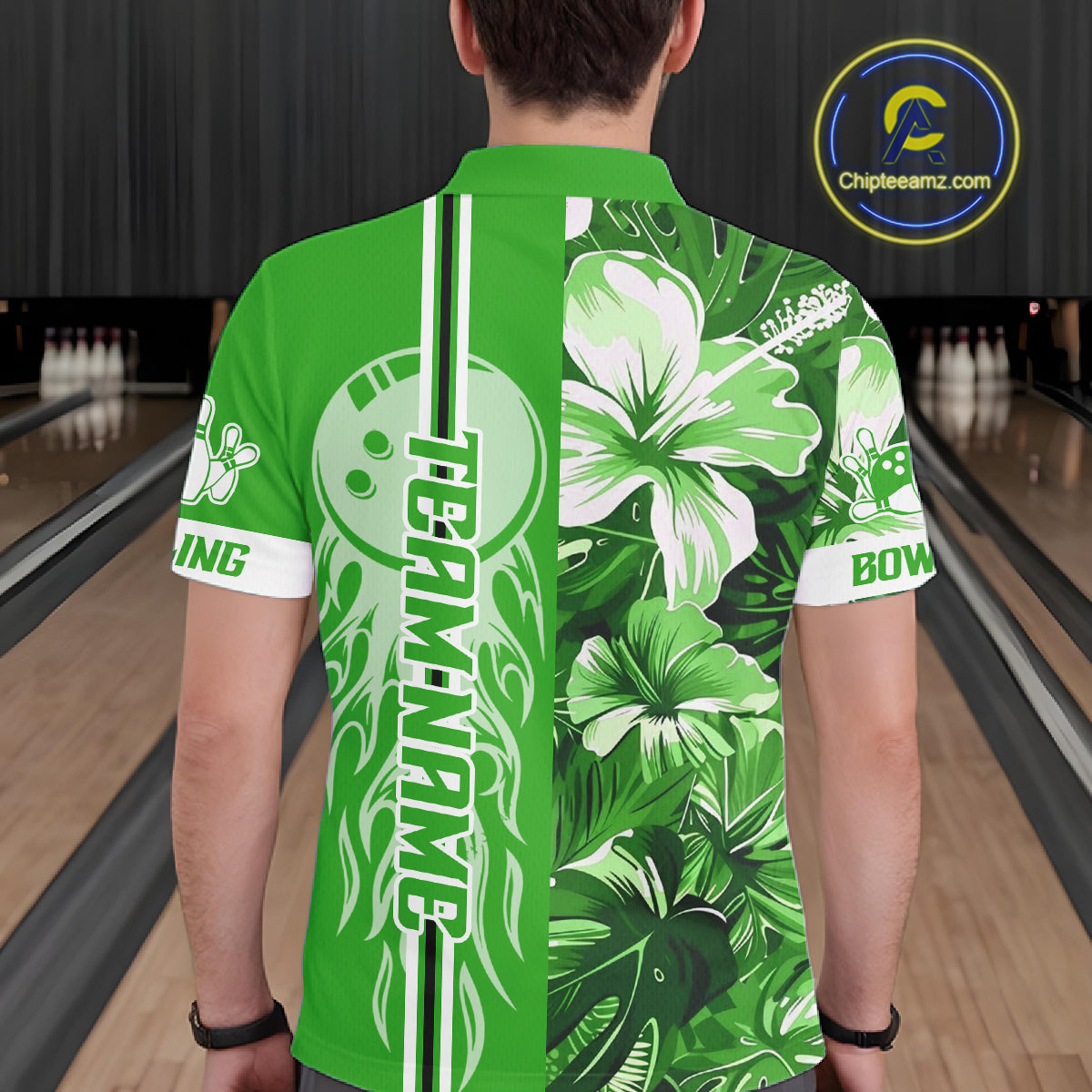 Green tropical flower Flame Bowling Polo, Quarter Zip Shirts For Men Custom Bowler Gift Bowling Team NQS10991