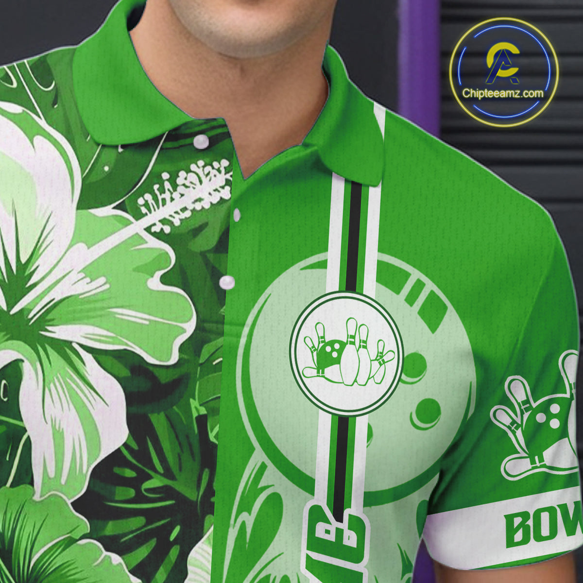 Green tropical flower Flame Bowling Polo, Quarter Zip Shirts For Men Custom Bowler Gift Bowling Team NQS10991