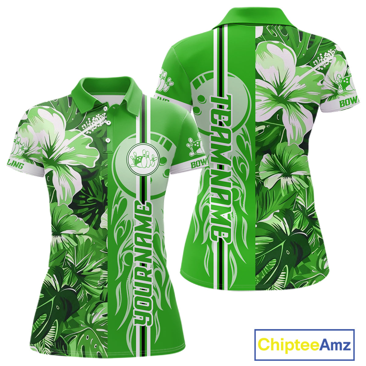 Green tropical flower Flame Bowling Polo, Quarter Zip Shirt For Women Custom Bowler Gift Bowling Team NQS10991