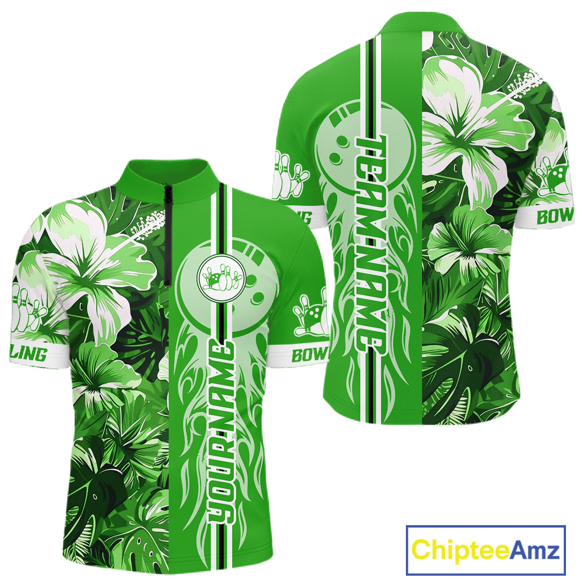 Green tropical flower Flame Bowling Polo, Quarter Zip Shirts For Men Custom Bowler Gift Bowling Team NQS10991