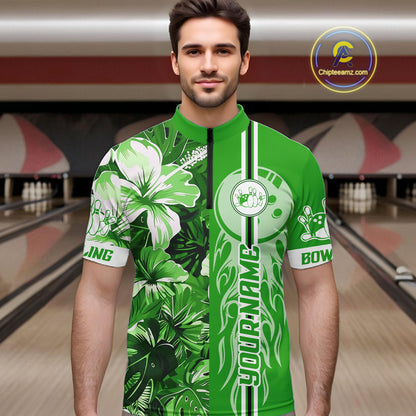Green tropical flower Flame Bowling Polo, Quarter Zip Shirts For Men Custom Bowler Gift Bowling Team NQS10991