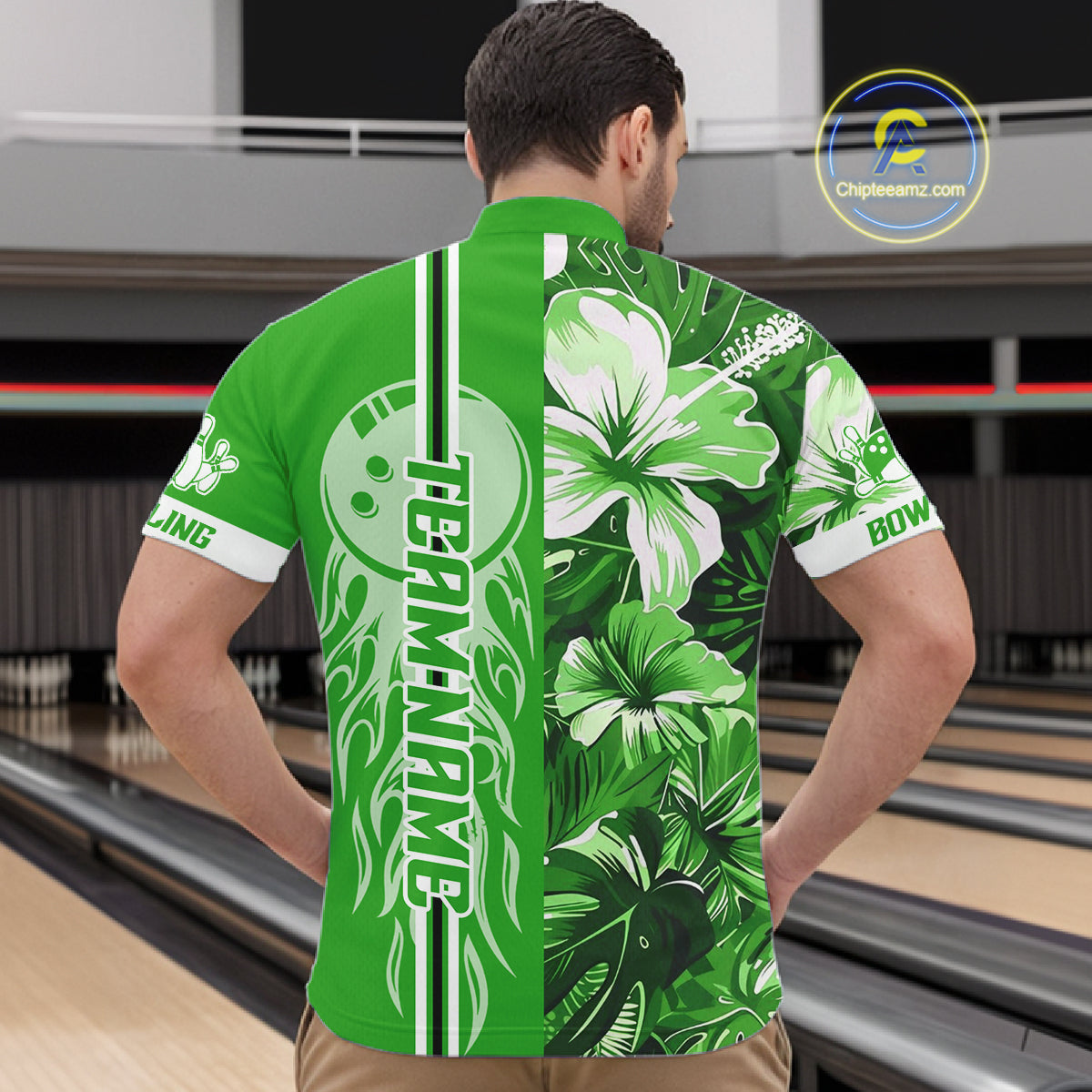 Green tropical flower Flame Bowling Polo, Quarter Zip Shirts For Men Custom Bowler Gift Bowling Team NQS10991
