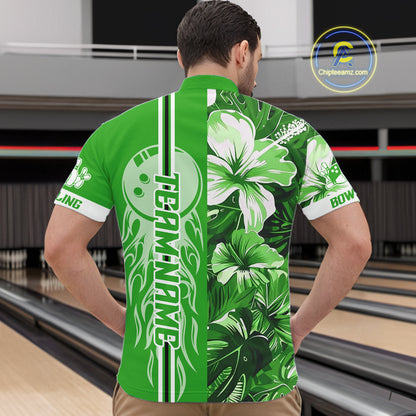 Green tropical flower Flame Bowling Polo, Quarter Zip Shirts For Men Custom Bowler Gift Bowling Team NQS10991