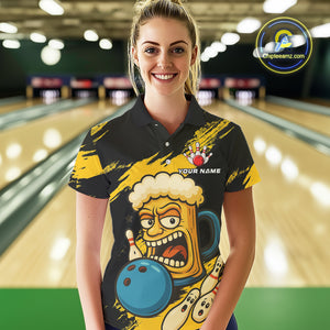 Black And Yellow Funny Beer Bowling Women Polo, 1/4 Zip Shirts Custom Angry Beer Glass Bowling Jersey NQS10784