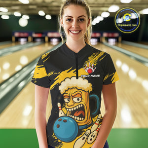 Black And Yellow Funny Beer Bowling Women Polo, 1/4 Zip Shirts Custom Angry Beer Glass Bowling Jersey NQS10784
