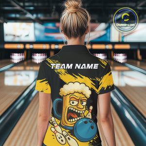 Black And Yellow Funny Beer Bowling Women Polo, 1/4 Zip Shirts Custom Angry Beer Glass Bowling Jersey NQS10784