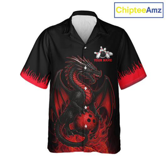 Black and Red Flame Dragon Bowling Hawaiian shirt Custom Dragon team bowling button up shirt NQS11482