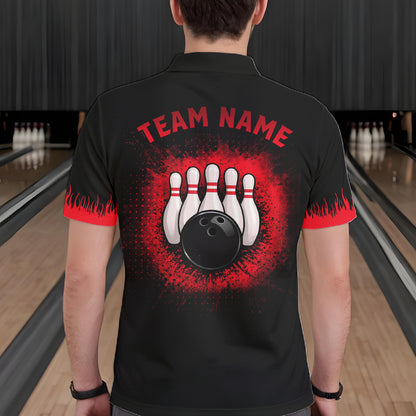 Black and Red Flame Dragon Bowling Polo, 1/4 zip shirts for Men Custom Dragon team bowling jerseys NQS11482