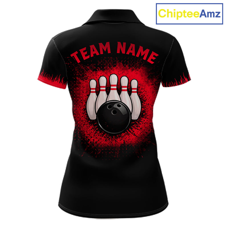 Black and Red Flame Dragon Bowling Polo, 1/4 zip shirts for Women Custom Dragon team bowling jerseys NQS11482