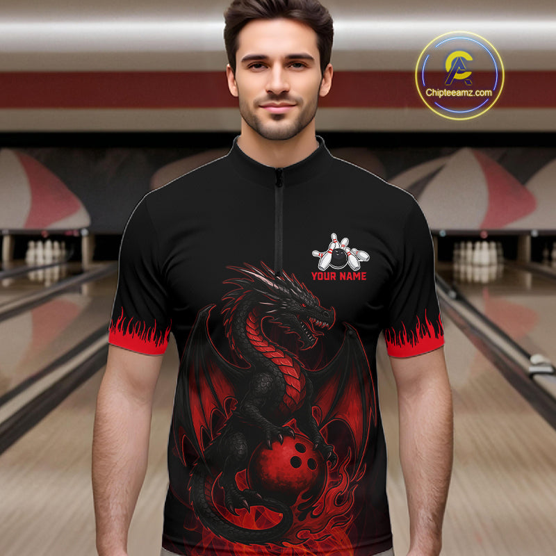 Black and Red Flame Dragon Bowling Polo, 1/4 zip shirts for Men Custom Dragon team bowling jerseys NQS11482