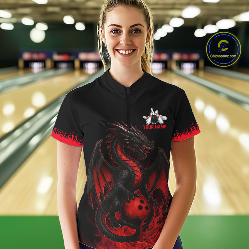 Black and Red Flame Dragon Bowling Polo, 1/4 zip shirts for Women Custom Dragon team bowling jerseys NQS11482