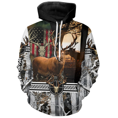 Red Deer stag hunting American flag winter camo custom name Shirt for Hunter, Deer hunting gift FSD24