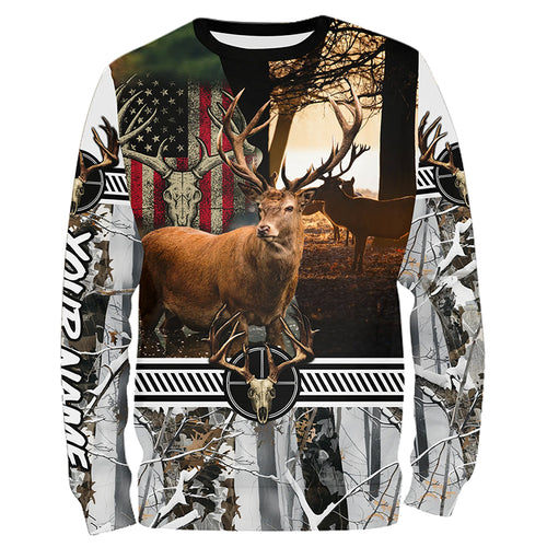 Red Deer stag hunting American flag winter camo custom name Shirt for Hunter, Deer hunting gift FSD24