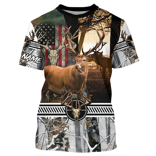 Red Deer stag hunting American flag winter camo custom name Shirt for Hunter, Deer hunting gift FSD24