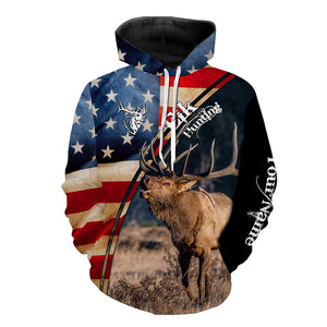 American flag Elk Hunting Shirts for Men, Custom Name Patriotic Elk Hunting Shirts FSD3007