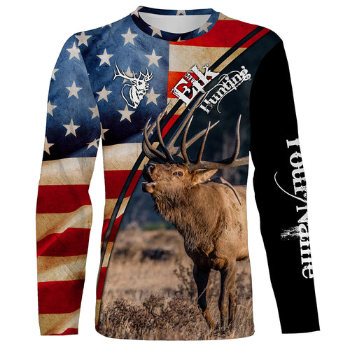 American flag Elk Hunting Shirts for Men, Custom Name Patriotic Elk Hunting Shirts FSD3007