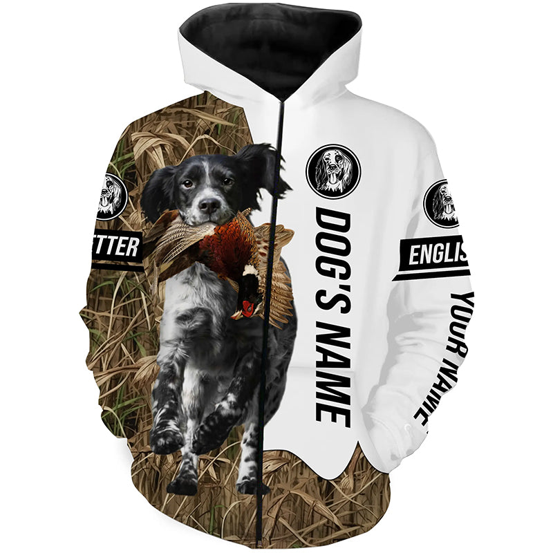 Pheasant Hunting with Llewellin English Setter Dog (Blue belton) Custom Name Camo Full Printing Shirts, Hoodie FSD2684