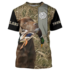 Chocolate Labrador Retriever Duck Hunting with Dog Waterfowl Camo Custom Name All Over Printed Shirts, Personalized Gifts FSD2583